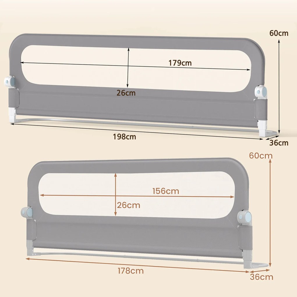 Conjunto 3 Barras dobrável para cama infantil Inclui 2 peças de 198 cm e 1 de 178 cm com capa removível em tecido Oxford, base em forma de U e correia