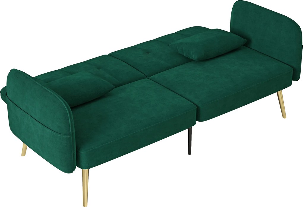 Sofá-cama de 2 lugares, 180 x 74 x 79,5 cm em tecido de veludo com encosto ajustável, verde escuro