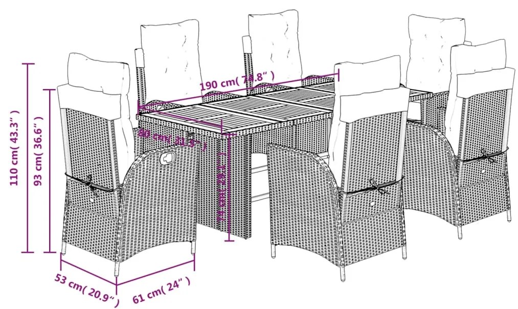 7 pcs conjunto de jantar p/ jardim c/ almofadões vime PE preto