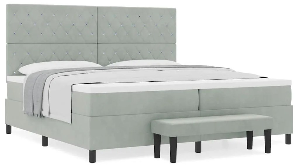 Cama Box Spring com Colchão e Banco Cinza Claro 200x200 cm Veludo