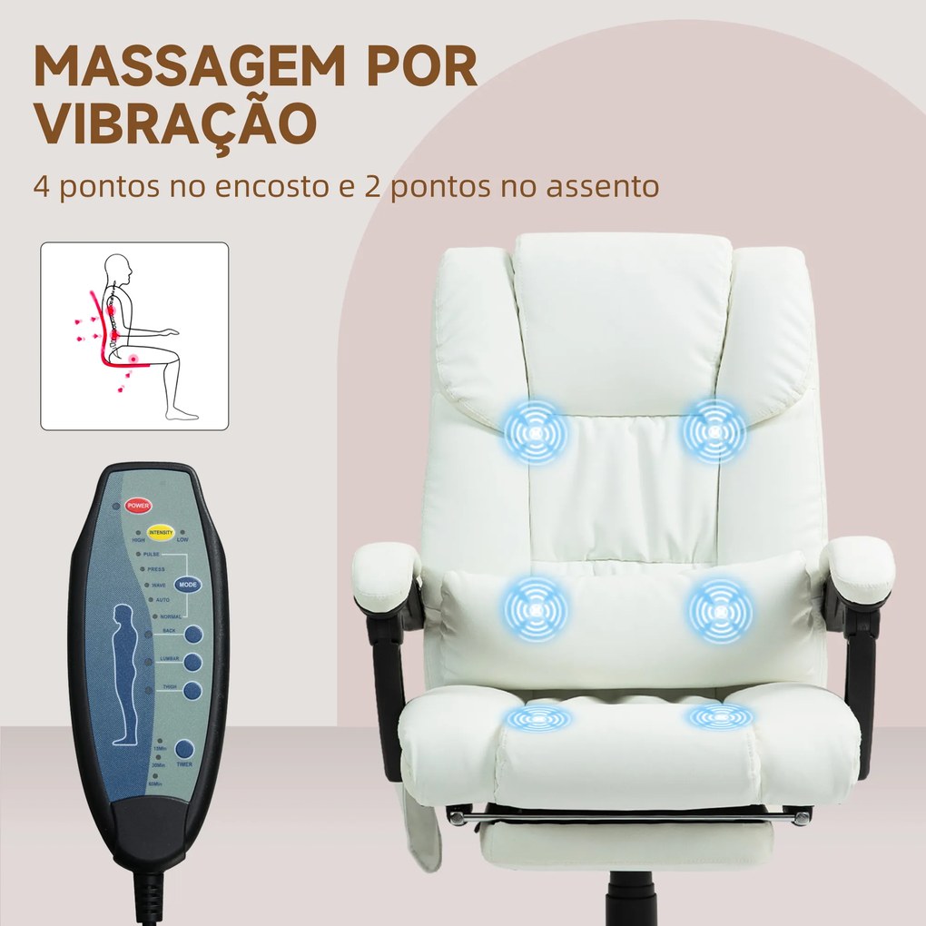Cadeira de Escritório com Massagem de 6 Pontos Encosto Alto Reclinável Apoio para Pés e Controlo Remoto 66x75x112-122 cm Branco