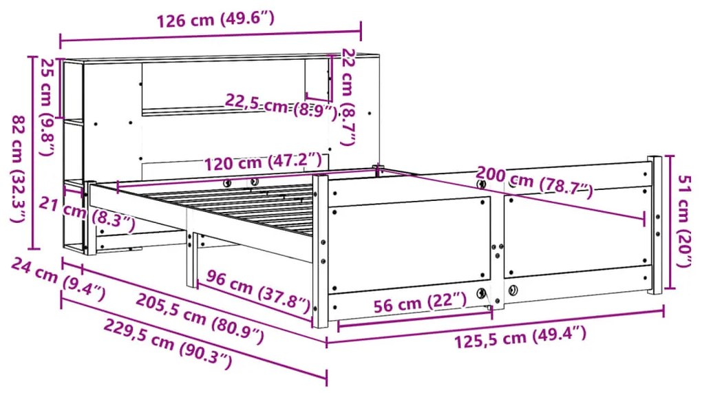 Cama com estante sem colchão 120x200 cm pinho maciço