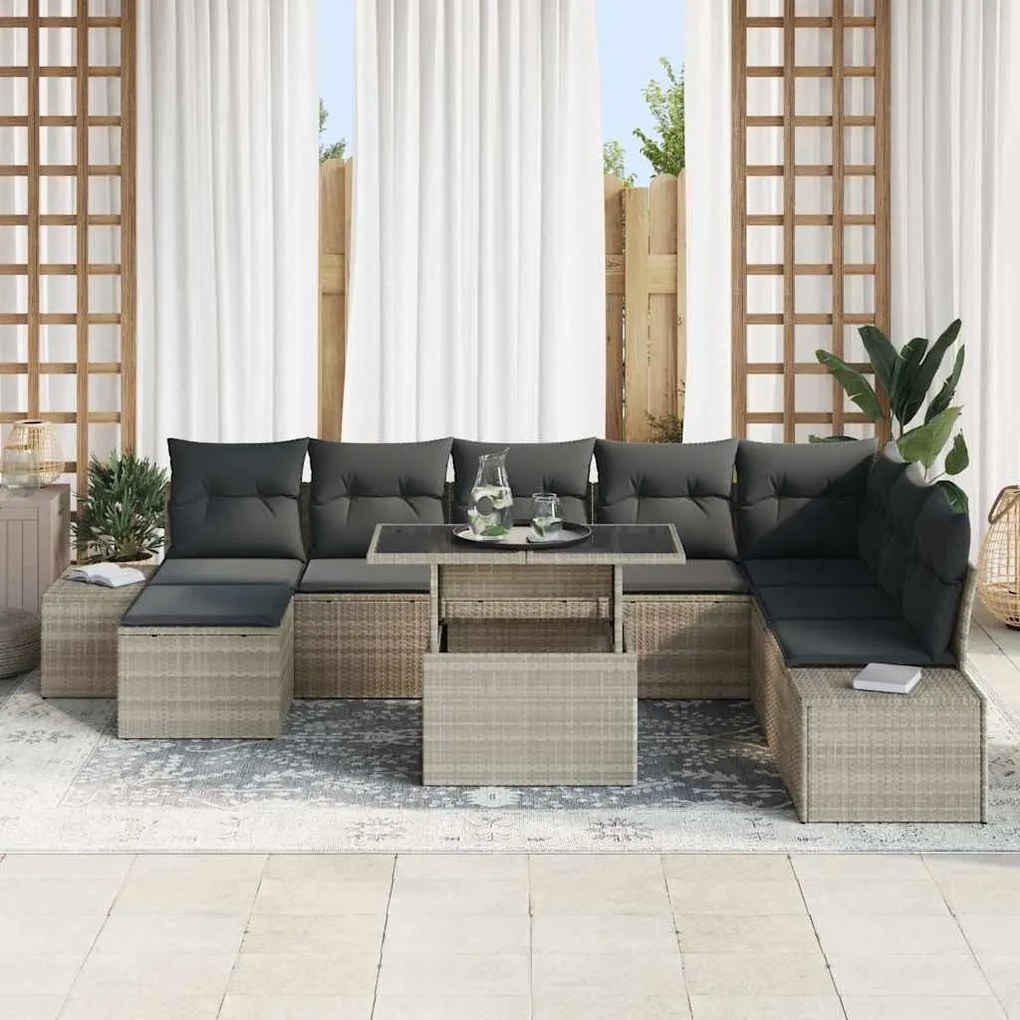Conjunto de Sofá de Jardim com 9 Peças e Almofadas Cinza Claro em Poli