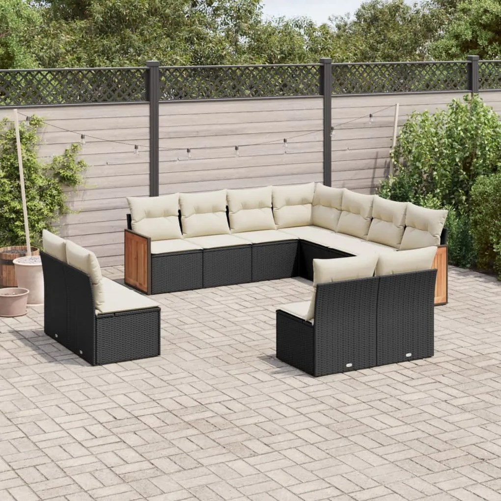 11 pcs conjunto sofás de jardim c/ almofadões vime PE preto