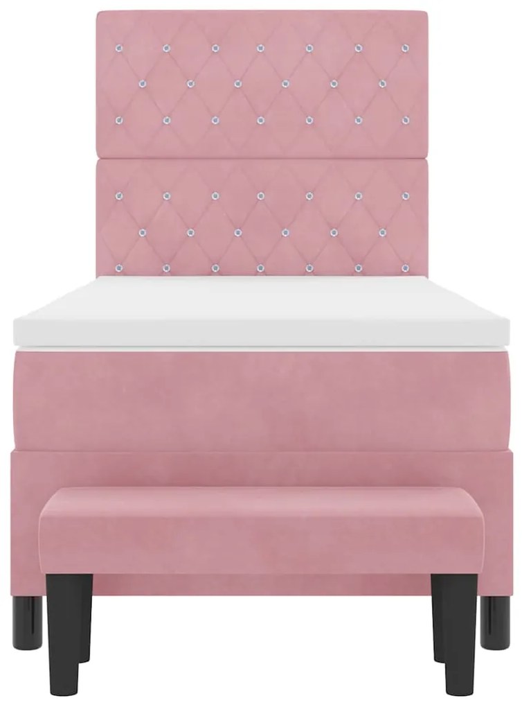 Cama Box com Colchão e Banco Rosa 90x190 cm Veludo