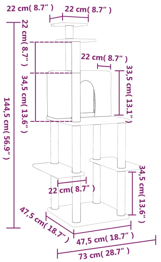 Árvore para gatos c/ arranhadores sisal 144,5 cm cinza-escuro