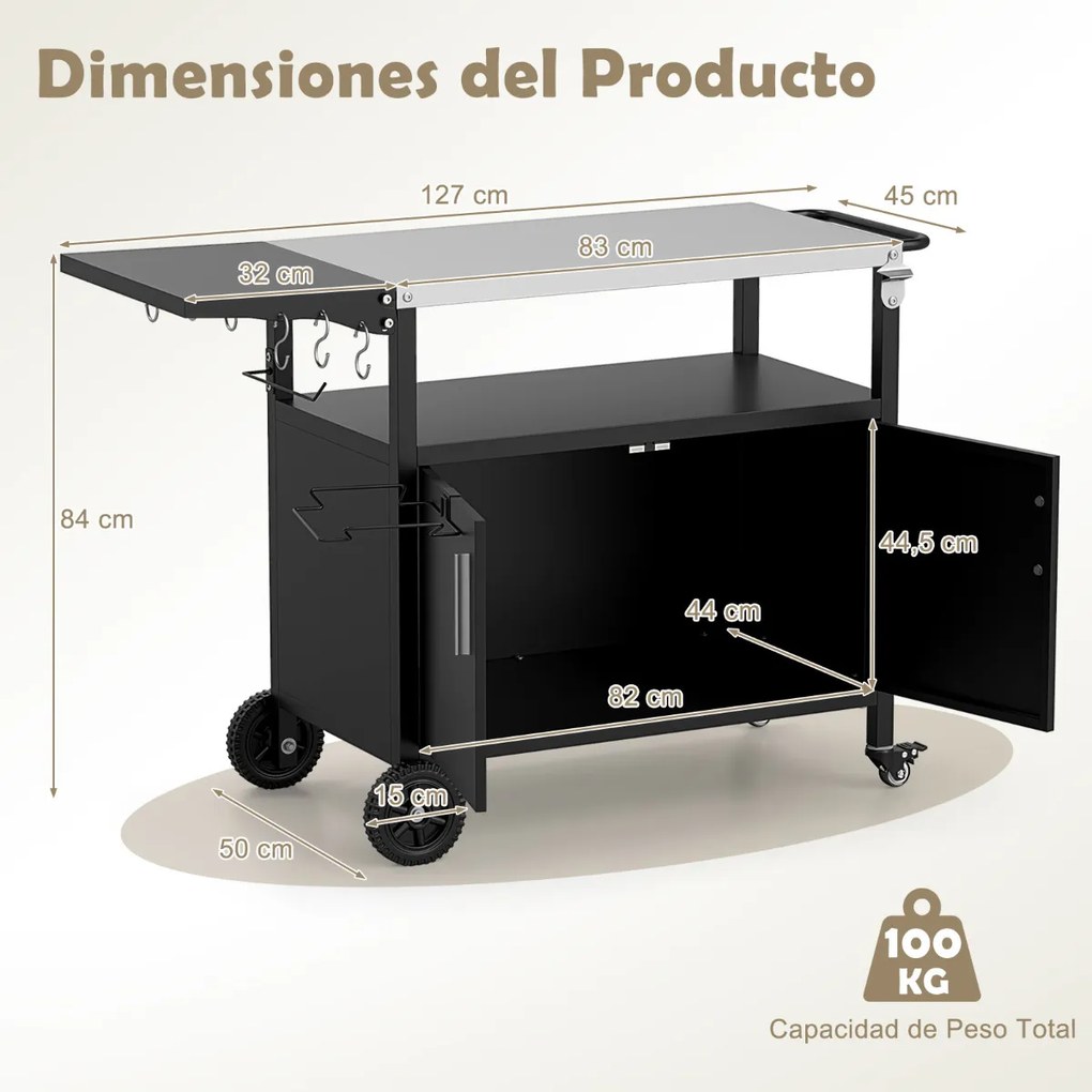 Carrinho cozinha de jardim para grelhados 127 x 50 x 84 cm com arrumação e tampo dobrável para churrasco em aço inoxidável Preto