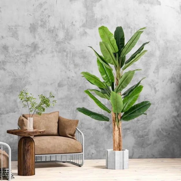 Plátano artificial de 195 cm de altura com 27 folhas grandes Caules triplos Casca natural Verde Decoração de vaso de plantas