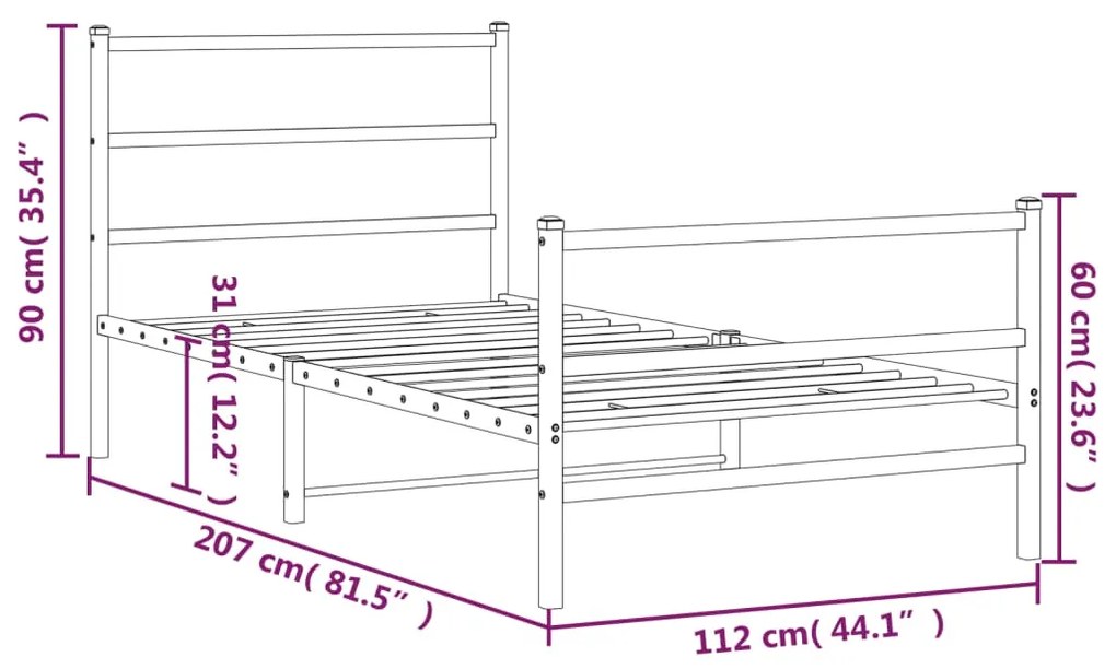 Estrutura de cama com cabeceira e pés 107x203 cm metal branco