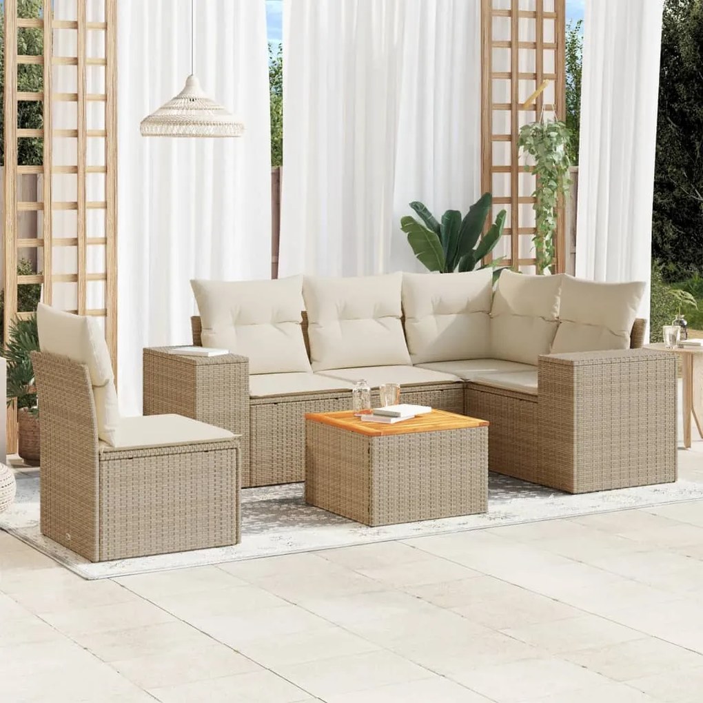6 pcs conjunto de sofás p/ jardim com almofadões vime PE bege