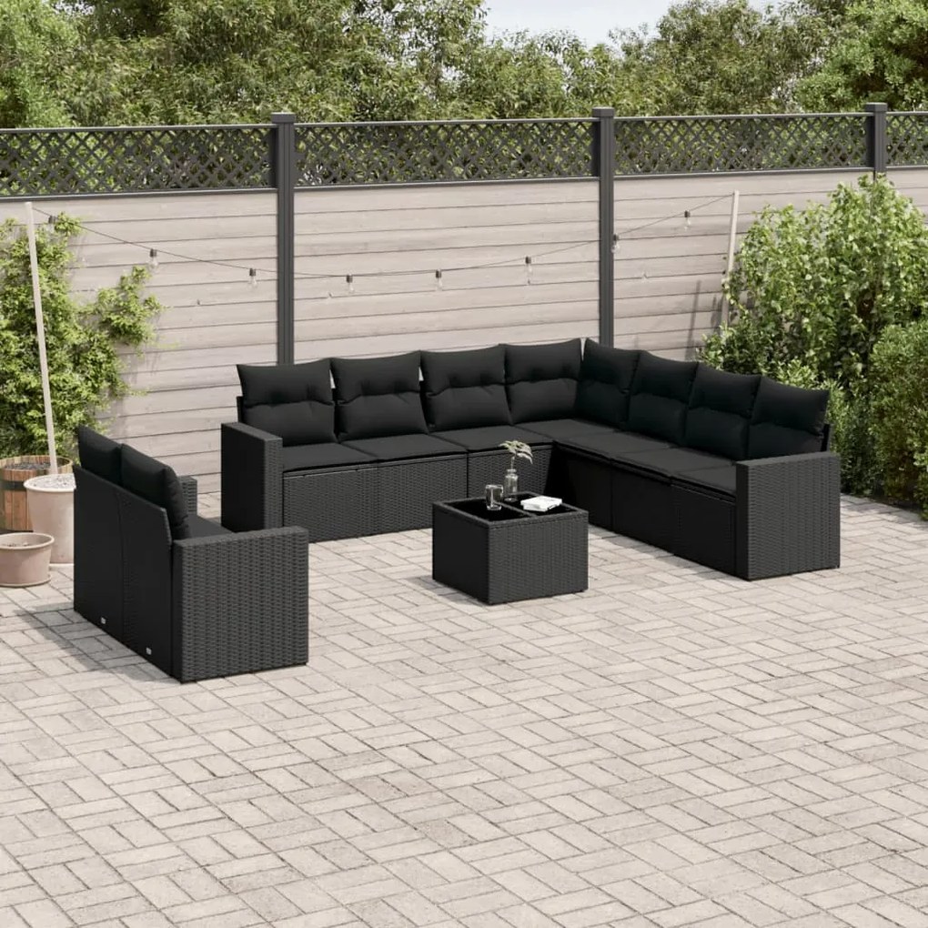 10 pcs conjunto sofás de jardim c/ almofadões vime PE preto