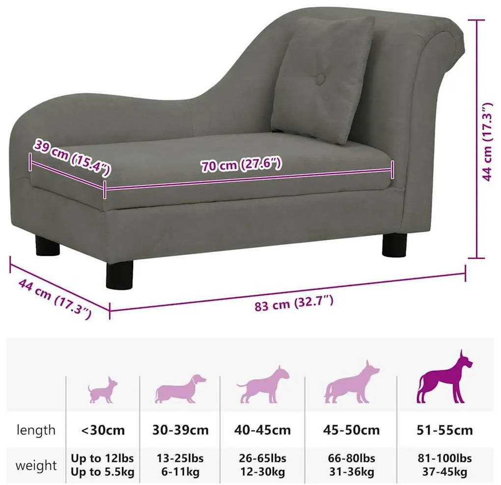 Sofá para cães com almofada 83x44x44 cm pelúcia cinzento-escuro