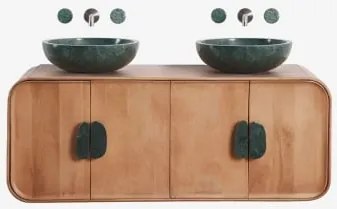 Conjunto De Móvel De Casa De Banho Dupla Suspensa 130x45 Cm Em Madeira De Manga E Pedra Natural Kivalina Sem Espelho & Mármore Verde Udaipur - Madeira