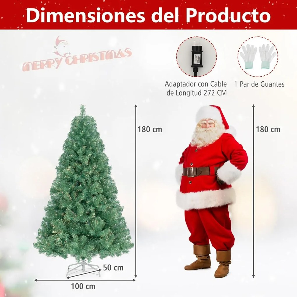 Árvore de Natal pré-iluminada de 180 cm artificial com 688 pontas de ramos 250 luzes LED brancas quentes 8 modos Suporte verde