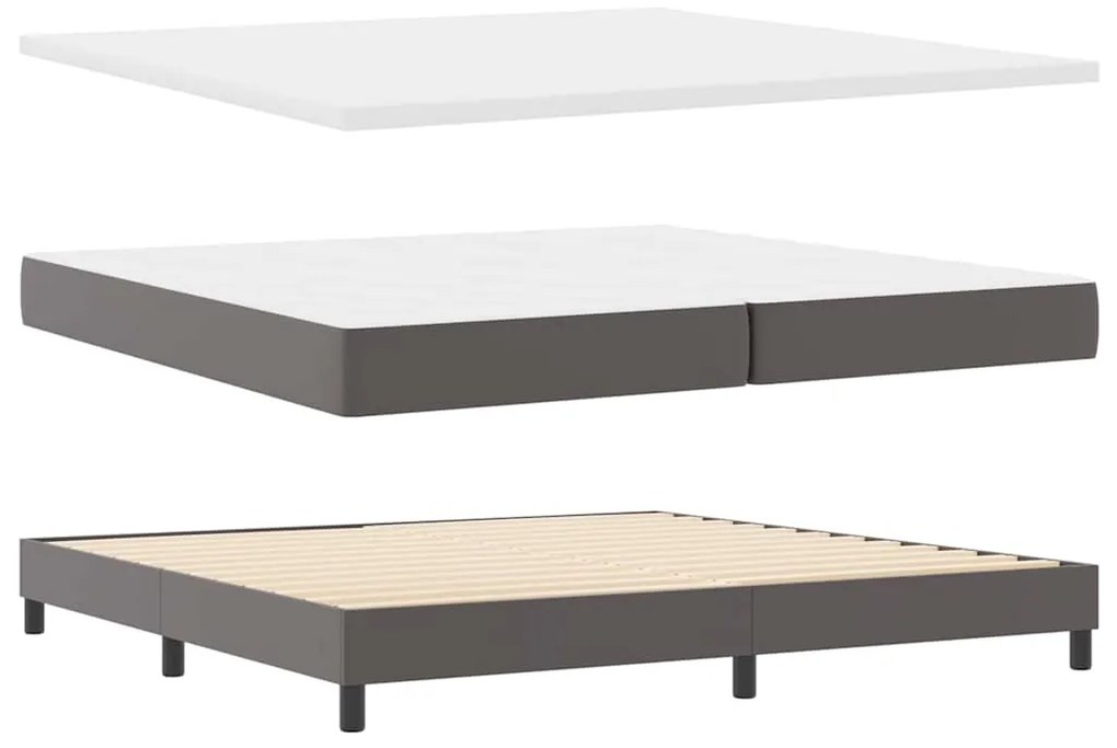 Cama Box com colchão cinza, 200x200 cm, em couro sintético.