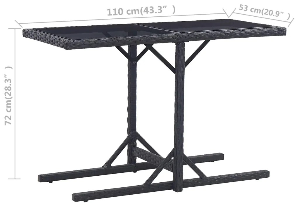 Mesa de jardim 110x53x72 cm vidro e vime PE preto
