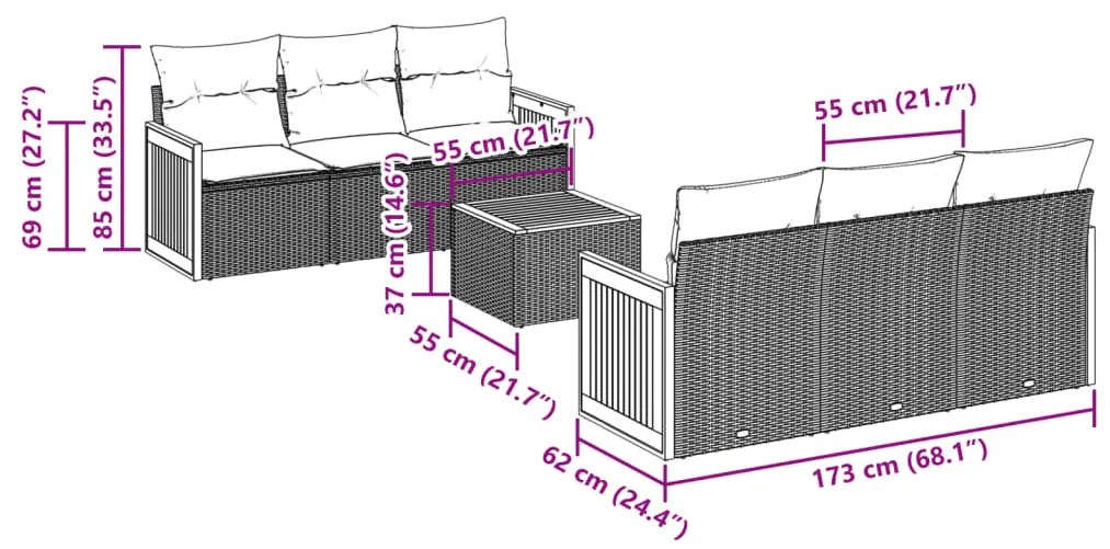 7 pcs conjunto de sofás p/ jardim c/ almofadões vime PE preto