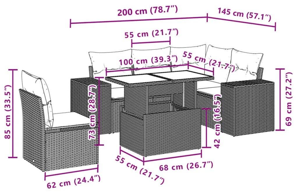 6 pcs conjunto de sofás jardim c/ almofadões vime PE castanho