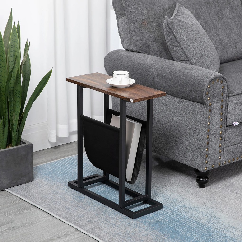 Mesa de apoio com porta-revistas, estrutura em aço 49 x 19 x 55 cm, preto e castanho escuro
