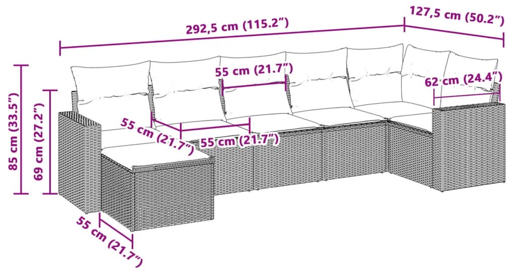 7 pcs conj. sofás jardim com almofadões vime PE cinzento-claro