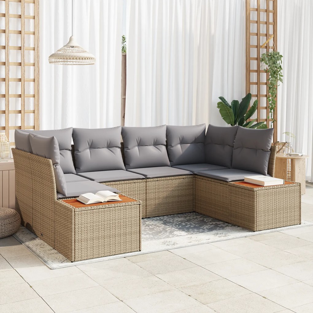 Conjunto de Sofá de Jardim de 6 Peças com Almofadas Bege Rattan Poliés