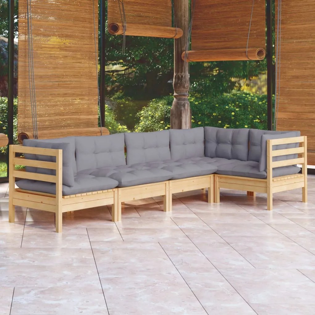 vidaXL 5 pcs conjunto lounge de jardim c/ almofadões cinza pinho
