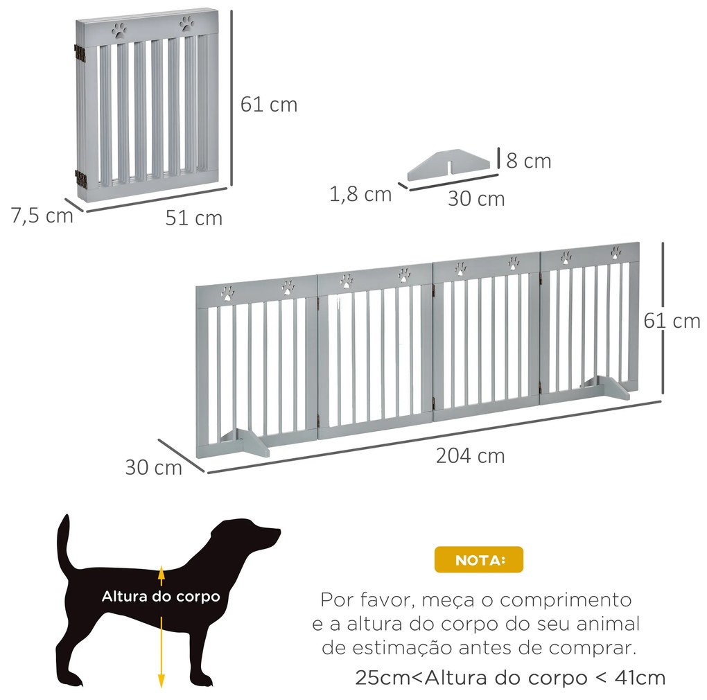 Barreira de Segurança Dobrável para Cães de 4 Painéis com Pés para Portas Escadas Corredor 204x30x61 cm Cinza