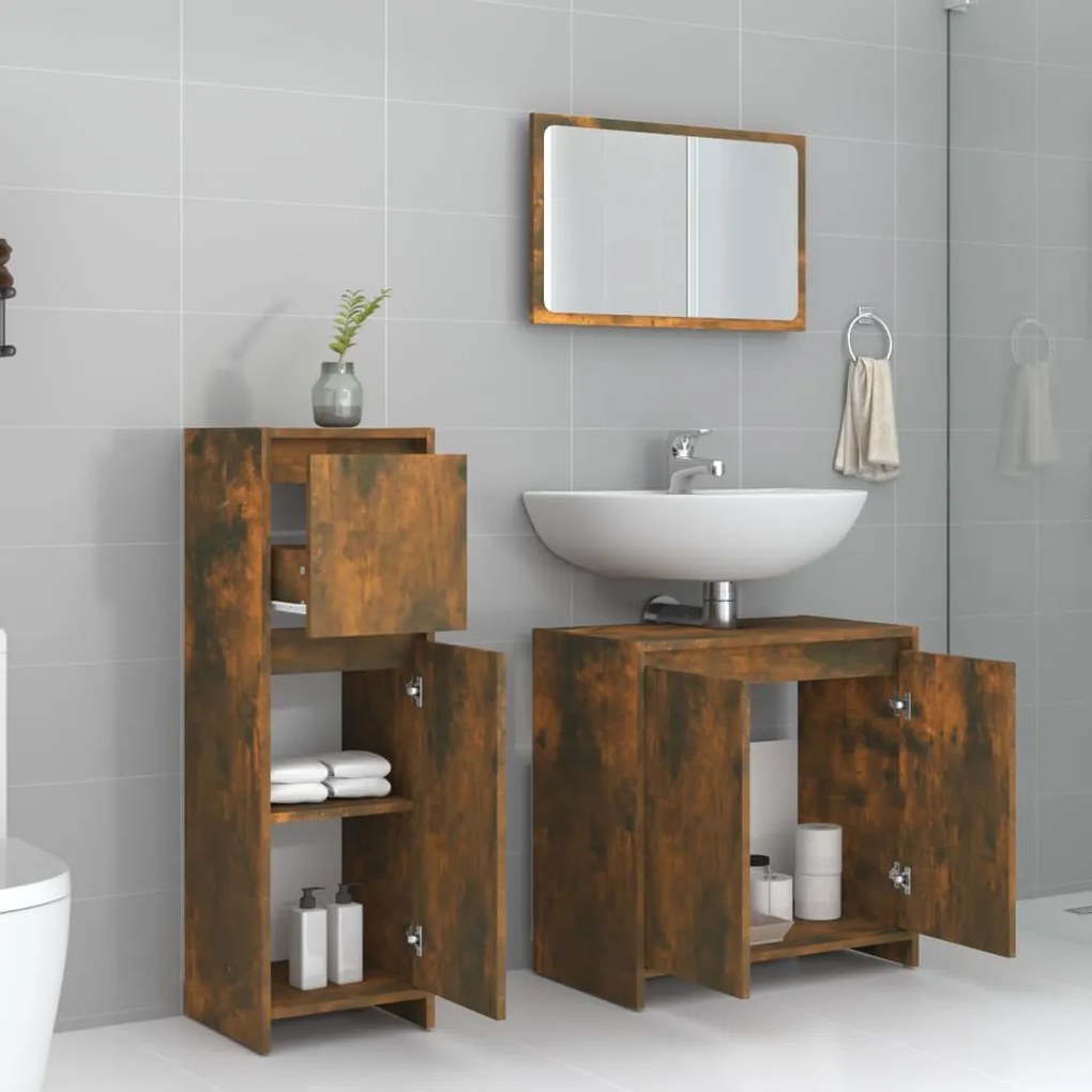 3 pcs conjunto de móveis WC madeira processada carvalho fumado