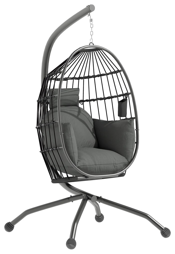 Outsunny Cadeira Suspensa com Suporte Cadeira Baloiço de Jardim com Cesto Dobrável Almofada e Apoio para a Cabeça 120x88x192 cm Preto | Aosom Portugal
