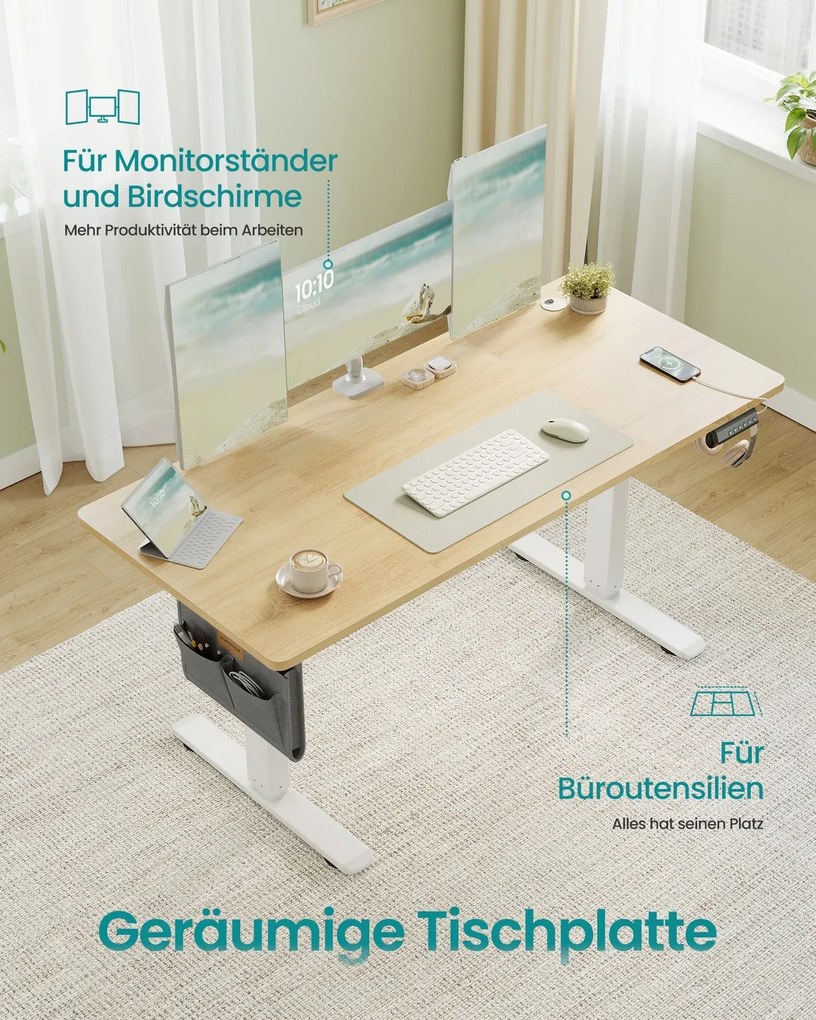 Secretária elétrica com altura ajustável 60 x 140 x (72-120) cm Branco e Bege