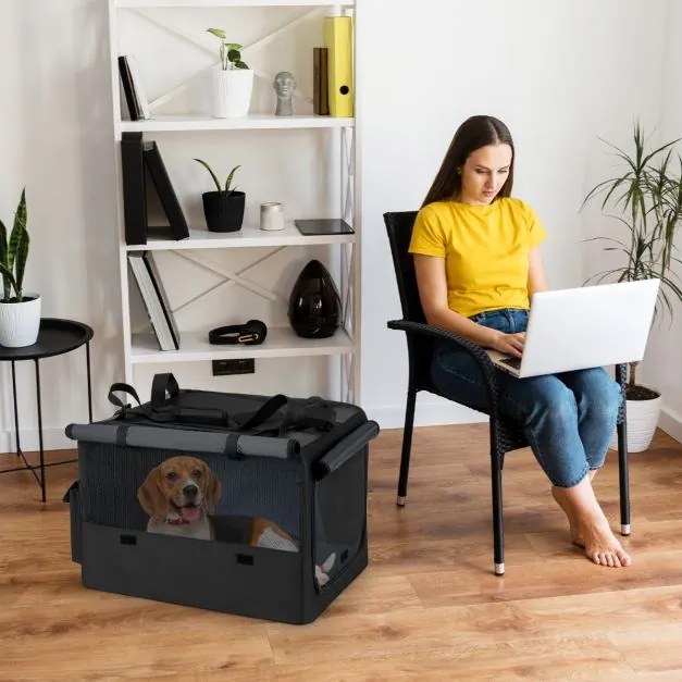 Saco de transporte dobrável e portátil Tamanho S - 80 x 65 x 42 cm para animais de estimação com 2 aberturas e janela Tapete macio Preto
