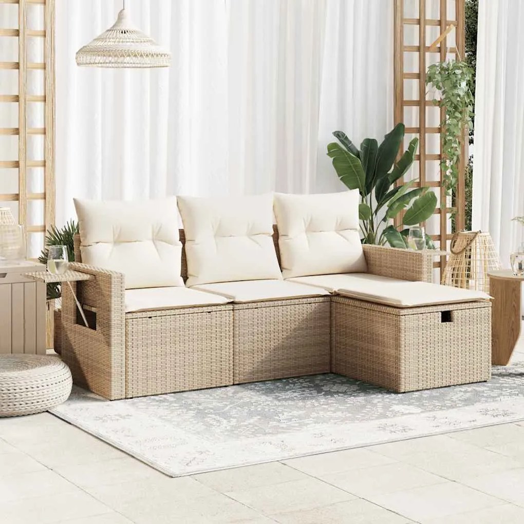 4 pcs conjunto de sofás para jardim c/ almofadões vime PE bege