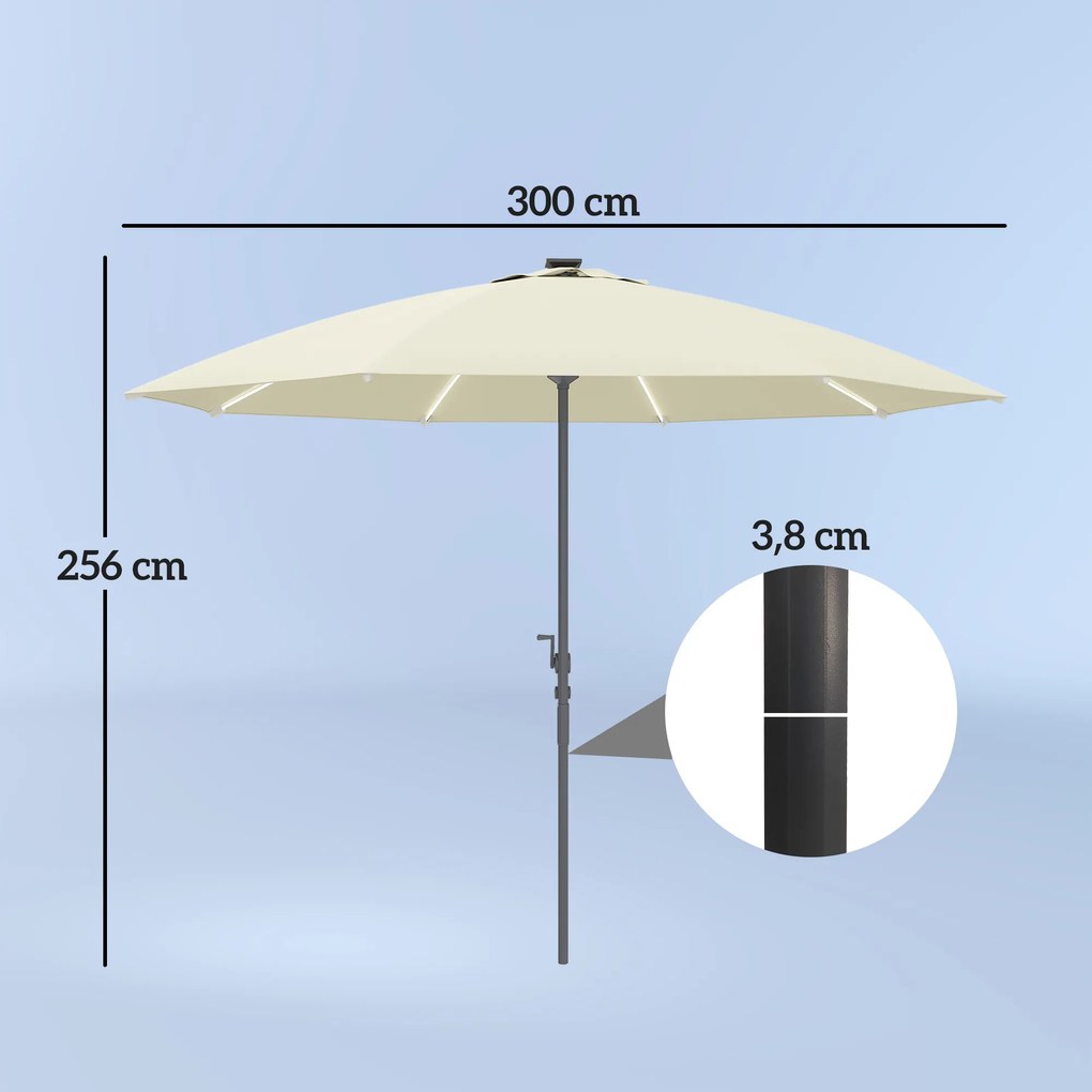Chapéu de Sol de Jardim com Luzes LED Ø300x256 cm Manivela Proteção UV50+ e Mastro de Alumínio Creme