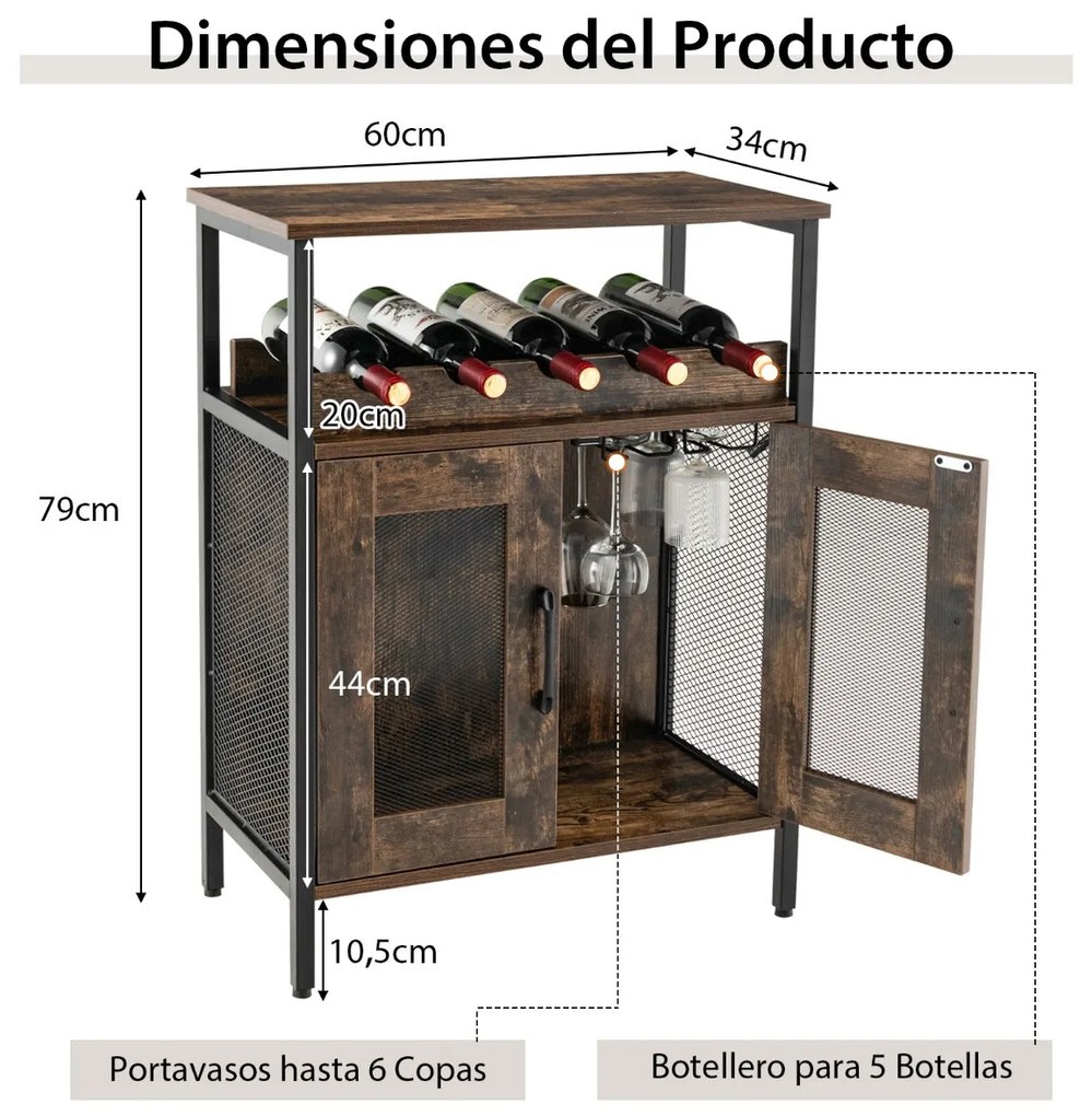 Aparador "Rustico Vino" Industrial com Estante para Garrafas e Suporte