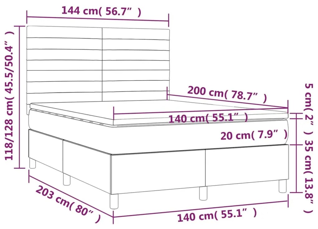 Cama box spring c/ colchão e LED 140x200 cm tecido cinza-escuro