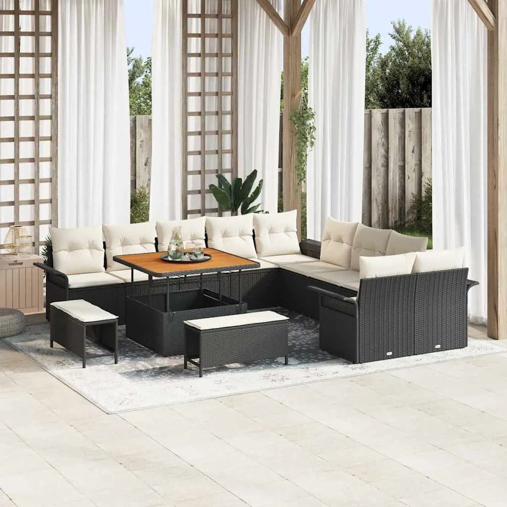 vidaXL Conjunto de sofá de jardim com 13 peças e almofadas pretas em rattan sintético.