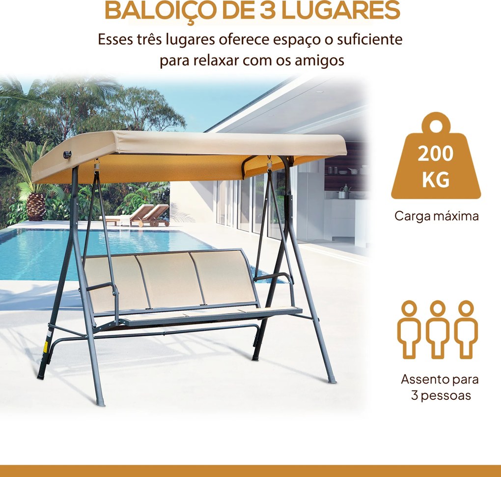 Baloiço de Jardim Exterior de 3 Lugares com Toldo Reclinável Assento Respirável e Estrutura de Aço 175x118x159 cm Bege