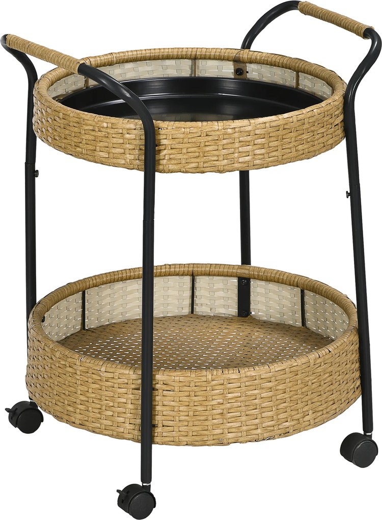 Outsunny Carrinho de Serviço ao Ar Livre, 2 Níveis, Freios, Polyrattan, Estrutura Metálica, Φ50 x 66H cm, Amarelo | Aosom Portugal