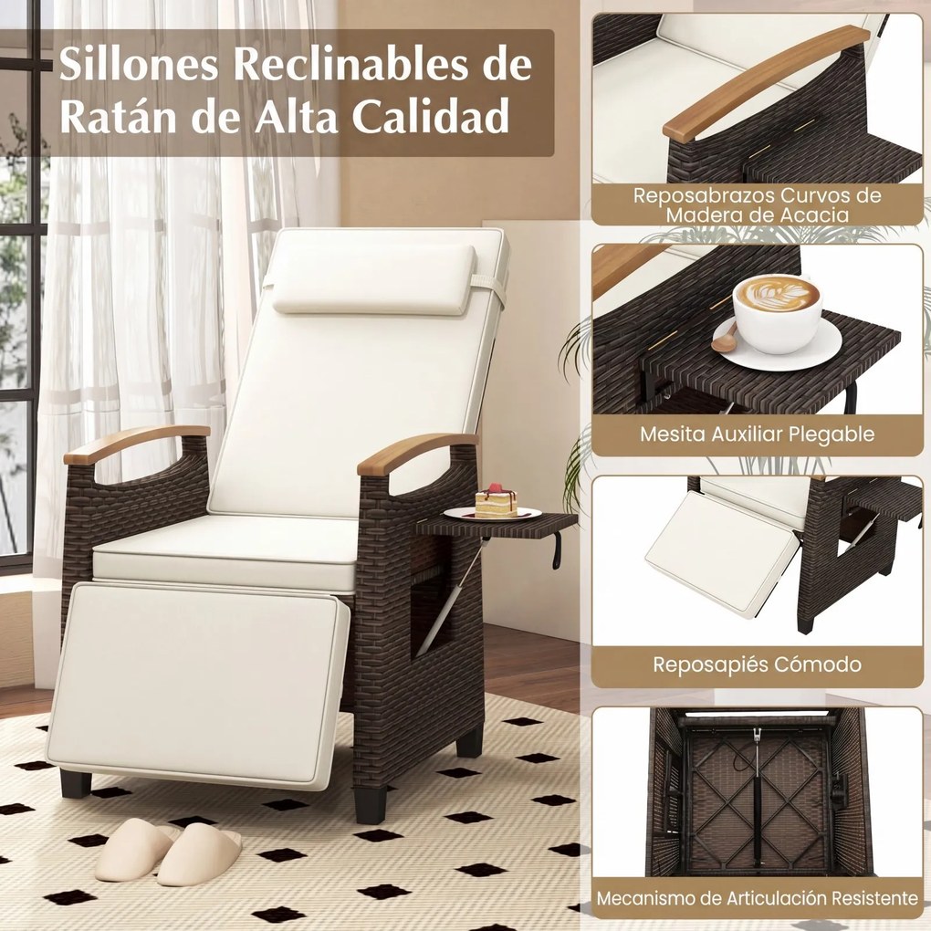 Poltrona jardim de rattan com encosto e apoio para os pés ajustáveis, mesinha rebatível, apoio para a cabeça removível, braços em madeira de acácia, t