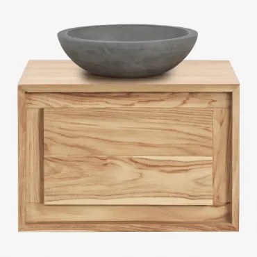 Conjunto De Móvel De Casa De Banho Suspenso 60x45 Cm Em Madeira De Teca Jabari Cimento Cinzento Redondo Ø40 Cm Tarsis & Madeira De Teca Clara - Sklum