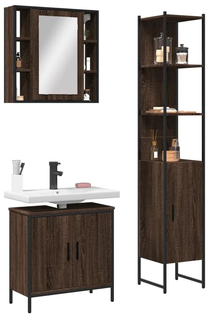 vidaXL 3 pcs conjunto móveis WC derivados de madeira carvalho castanho