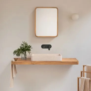 Conjunto De Móvel De Casa De Banho 130x45 Cm Suspenso Em Madeira De Teca Neill Madeira De Teca & Preto Mate Embutido Com Válvula De Escoamento Sem Tra