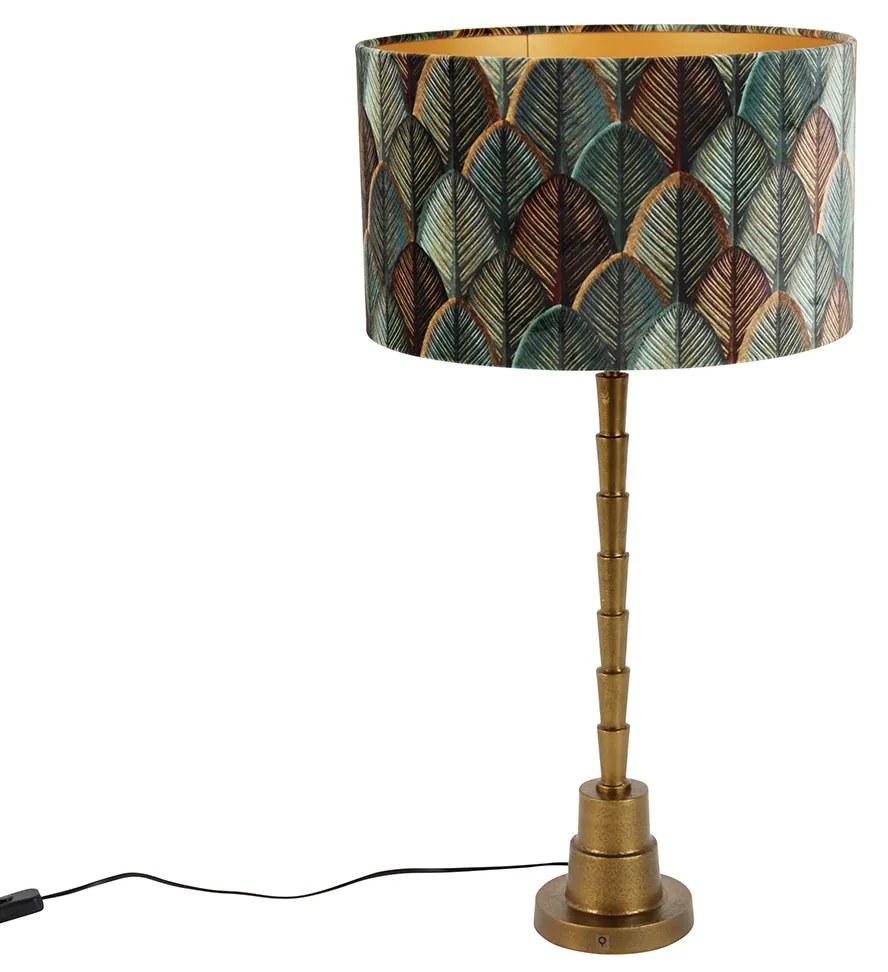 Candeeiro de Mesa Bronze com Abajur de Veludo Design Folha e Interior Dourado - Pisos