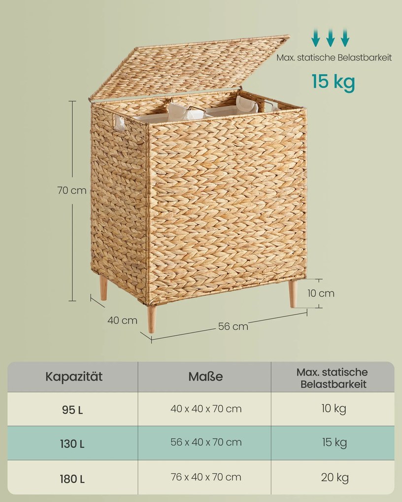 Cesto da roupa suja 56 x 40 x 70 cm com 2 compartimentos, 130 L, em jacinto-de-água, cor natural