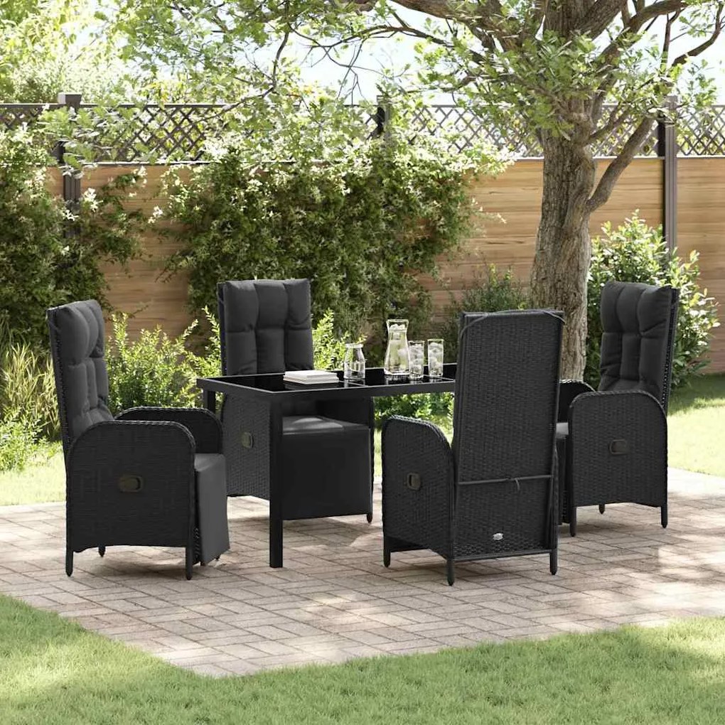 vidaXL Conjunto de Jantar de Jardim com 5 Peças e Almofadas em Rattan Preto e Poliéster