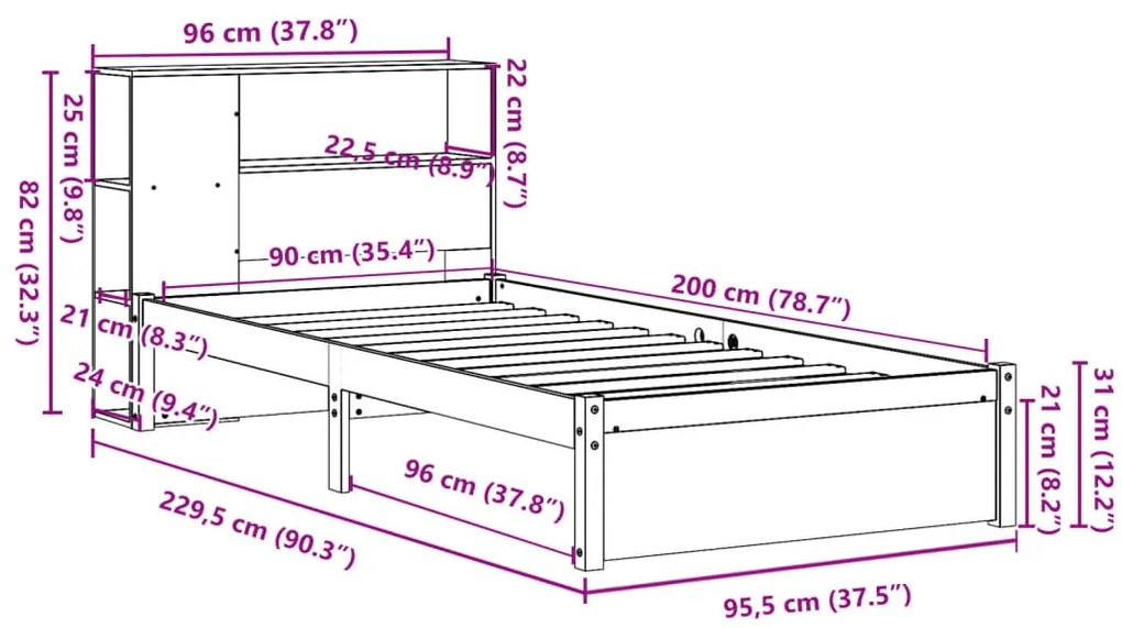 Cama com estante sem colchão 90x200 cm pinho maciço
