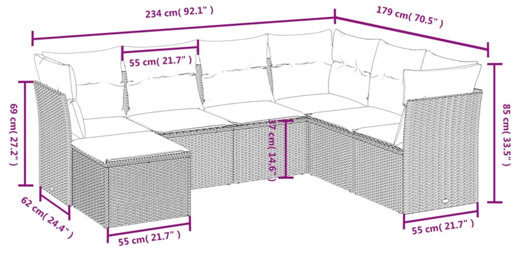 7 pcs conjunto de sofás p/ jardim com almofadões vime PE bege