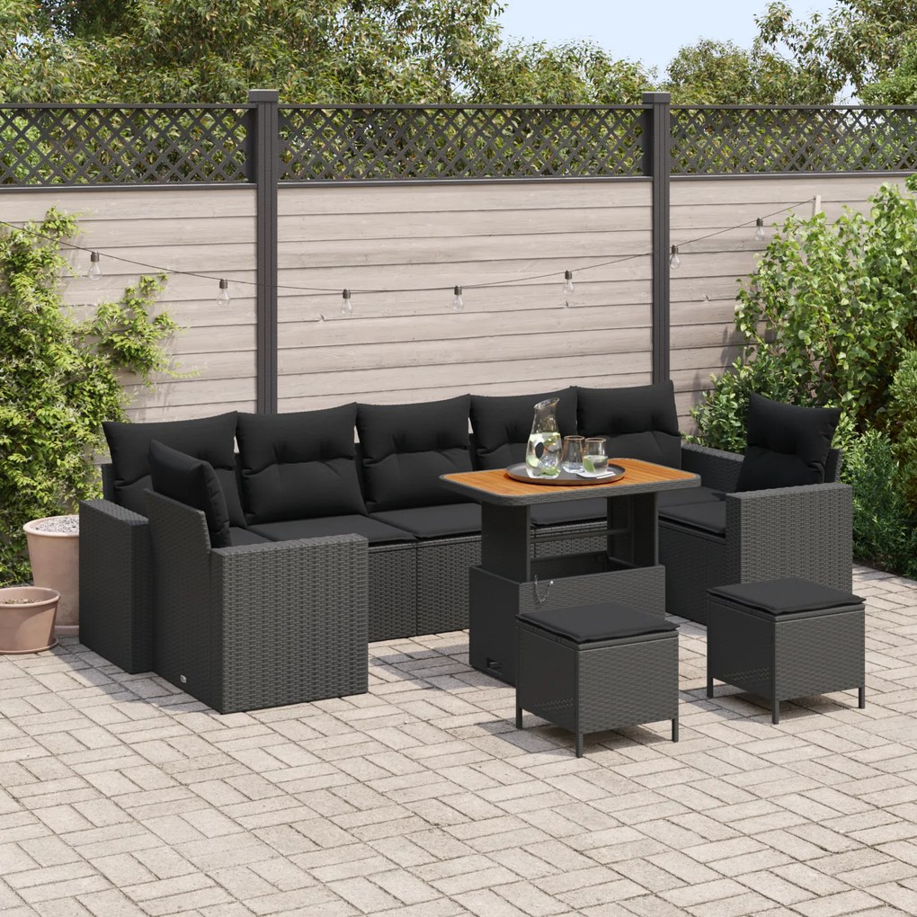 Conjunto de Sofá de Jardim com 10 Peças e Almofadas em Rattan PE Preto