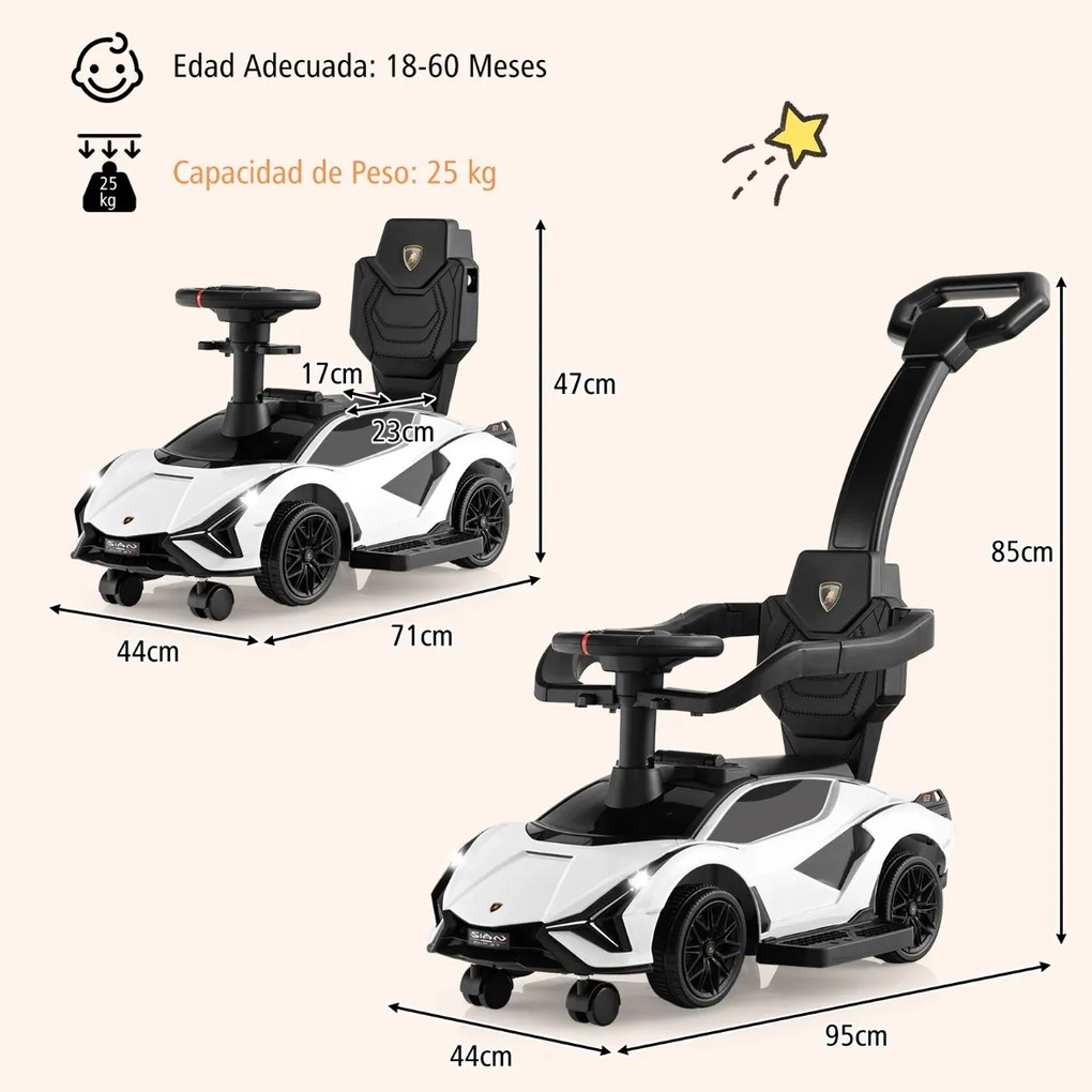 Carrinho de bebé deslizante 3 em 1 com corrimão e guiador amovíveis Música e faróis Rodas Carrinho de bebé Branco