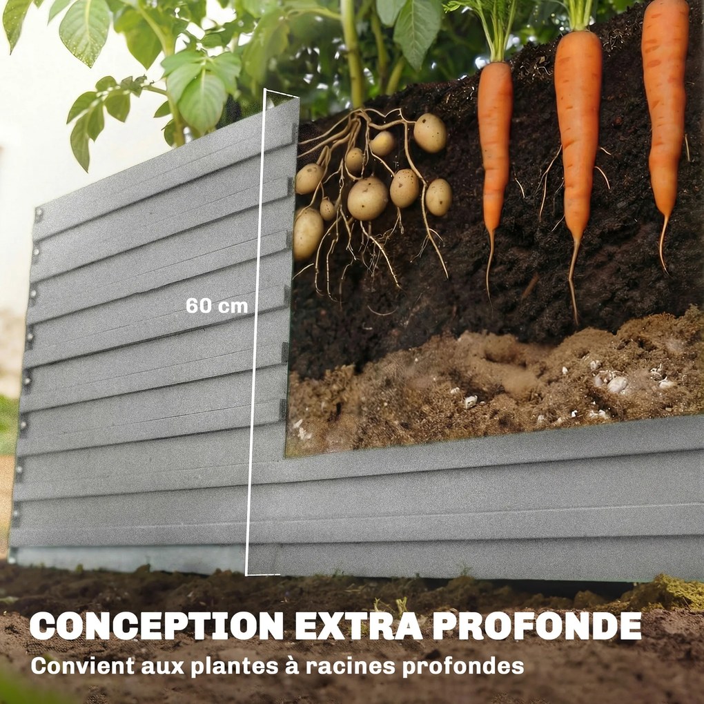 Floreira jardim 240 x 120 x 60 cm, elevada galvanizada com rebordo de segurança e fundo aberto, cinzento prateado